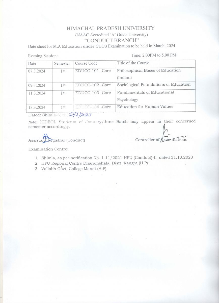 HPU Date Sheet 2024 [Download] PDF - Semester Exam Dates